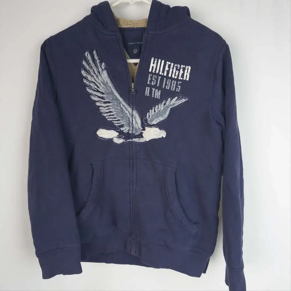 Tommy Hilfiger Navy Blue Sherpa Lined Full Zip Hoodie with Eagle Graphic 12-14